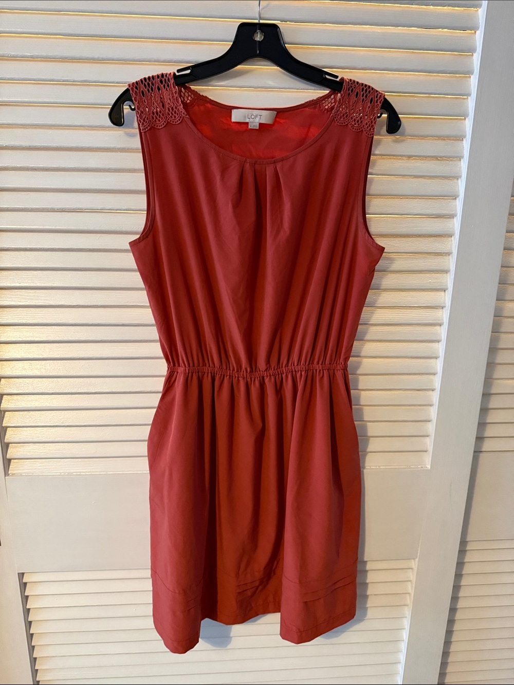 LOFT Sleeveless Brick-Red Crochet-Shoulder Mini Dress